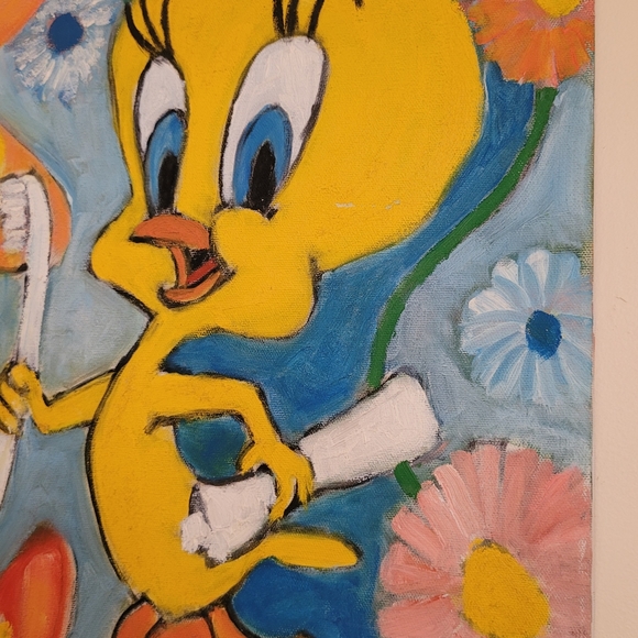 Retro Tweety Bird Canvas Oil Painting - Bathroom Decor 20in x 16in - Picture 4 of 10